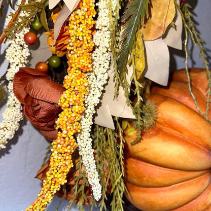 Fall Wreath for Front Door Thanksgiving or Office Decorations Autumn Florals with Designer Bow Handmade Home Decor with Autumn Pumpkins