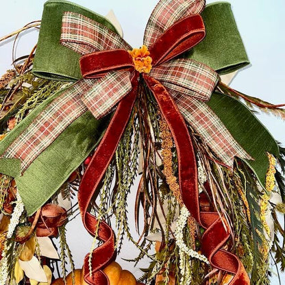Fall Wreath for Front Door Thanksgiving or Office Decorations Autumn Florals with Designer Bow Handmade Home Decor with Autumn Pumpkins