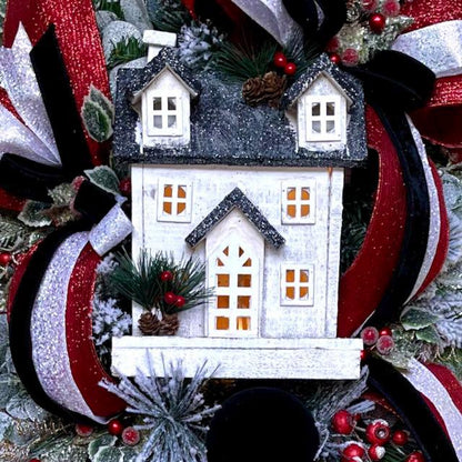 Christmas Swag Lighted Black White House Icy Greenery Glittered Red White Black Velvet Bow Holiday Decorations Office Decor Gift Ideas