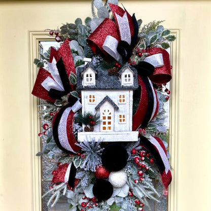 Christmas Swag Lighted Black White House Icy Greenery Glittered Red White Black Velvet Bow Holiday Decorations Office Decor Gift Ideas