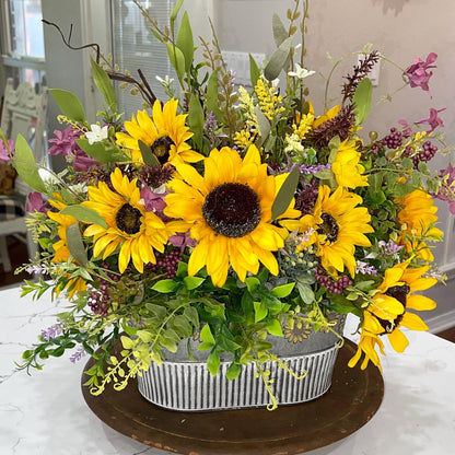 Sunflower Arrangement in Tin Bucket with Purple Florals for summer or fall Decor Patio Decorations Sunflowers Rustic Wedding Office Decor