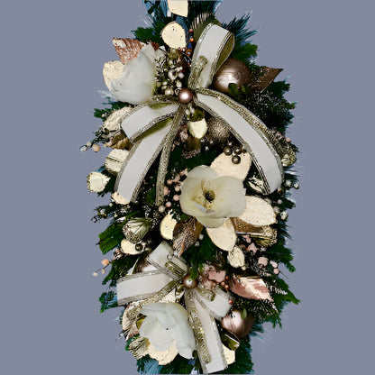 Elegant Magnolia Christmas Swag for Home or Office Decorations or Holiday Decor with Designer Farrisilk White Velvet Rhinestone Ribbons