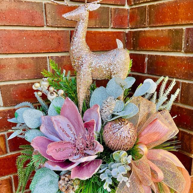 Deer Candle Stick Centerpiece Elegant Christmas Décor with Pink Poinsettia for Entry Way or Tabletop Arrangement Holiday Decorations