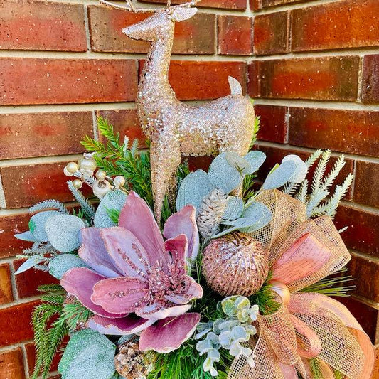 Deer Candle Stick Centerpiece Elegant Christmas Décor with Pink Poinsettia for Entry Way or Tabletop Arrangement Holiday Decorations