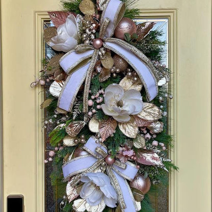 Elegant Magnolia Christmas Swag for Home or Office Decorations or Holiday Decor with Designer Farrisilk White Velvet Rhinestone Ribbons