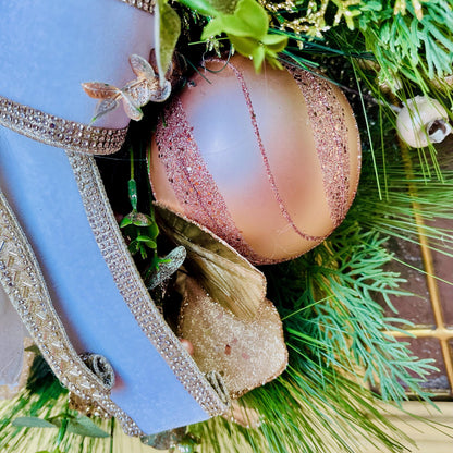 Elegant Magnolia Christmas Swag for Home or Office Decorations or Holiday Decor with Designer Farrisilk White Velvet Rhinestone Ribbons