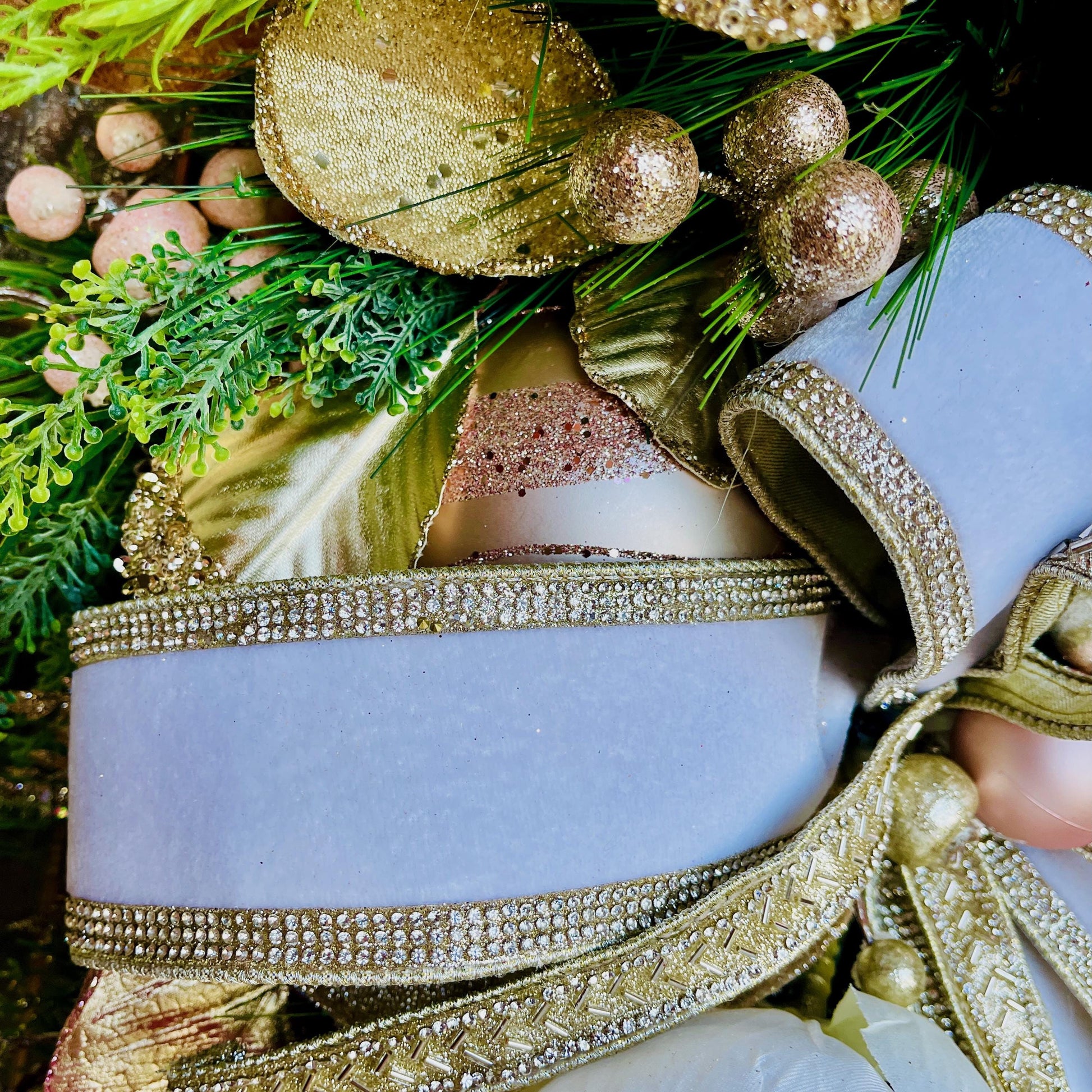 Elegant Magnolia Christmas Swag for Home or Office Decorations or Holiday Decor with Designer Farrisilk White Velvet Rhinestone Ribbons