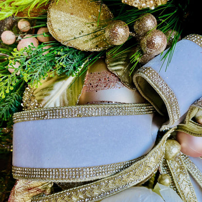 Elegant Magnolia Christmas Swag for Home or Office Decorations or Holiday Decor with Designer Farrisilk White Velvet Rhinestone Ribbons