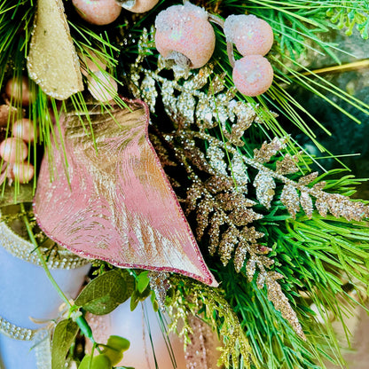 Elegant Magnolia Christmas Swag for Home or Office Decorations or Holiday Decor with Designer Farrisilk White Velvet Rhinestone Ribbons