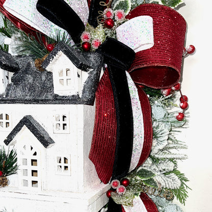 Christmas Swag Lighted Black White House Icy Greenery Glittered Red White Black Velvet Bow Holiday Decorations Office Decor Gift Ideas