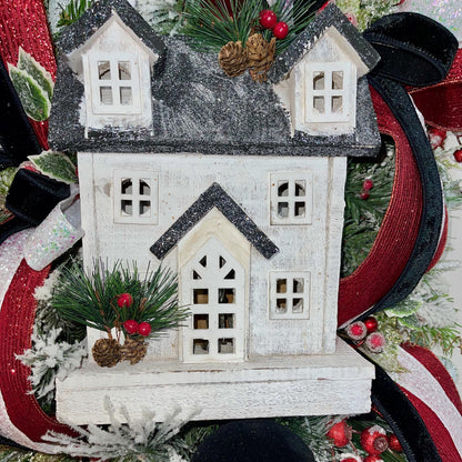 Christmas Swag Lighted Black White House Icy Greenery Glittered Red White Black Velvet Bow Holiday Decorations Office Decor Gift Ideas