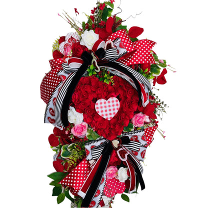 Valentine's Day Heart Swag Wreath Romantic front door decor with red hearts, glitter accents Love Themed Home Decorations Office Decor
