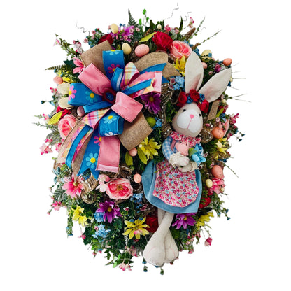 Easter Bunny Wreath with Spring Florals Seasonal Home Décor for Entryway Indoor Office Decorations for Front Door Bunny Rabbit Decorations