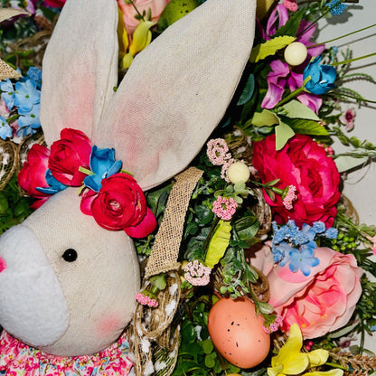 Easter Bunny Wreath with Spring Florals Seasonal Home Décor for Entryway Indoor Office Decorations for Front Door Bunny Rabbit Decorations