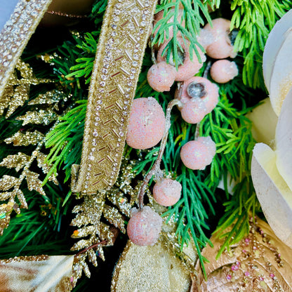 Elegant Magnolia Christmas Swag for Home or Office Decorations or Holiday Decor with Designer Farrisilk White Velvet Rhinestone Ribbons