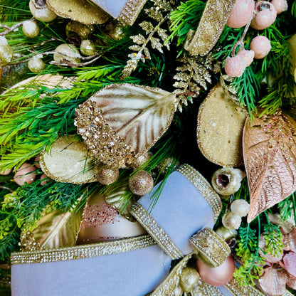 Elegant Magnolia Christmas Swag for Home or Office Decorations or Holiday Decor with Designer Farrisilk White Velvet Rhinestone Ribbons