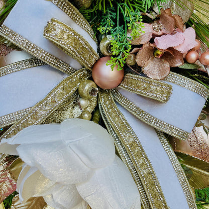Elegant Magnolia Christmas Swag for Home or Office Decorations or Holiday Decor with Designer Farrisilk White Velvet Rhinestone Ribbons