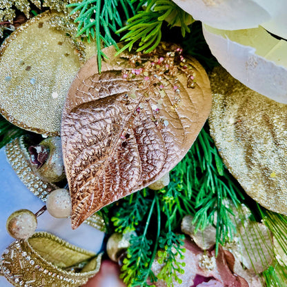 Elegant Magnolia Christmas Swag for Home or Office Decorations or Holiday Decor with Designer Farrisilk White Velvet Rhinestone Ribbons