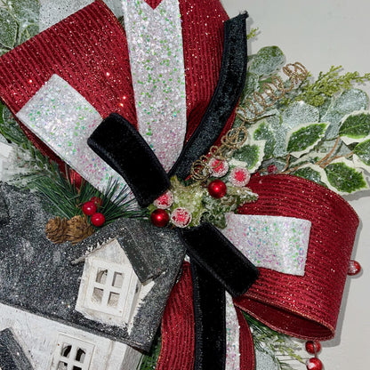 Christmas Swag Lighted Black White House Icy Greenery Glittered Red White Black Velvet Bow Holiday Decorations Office Decor Gift Ideas