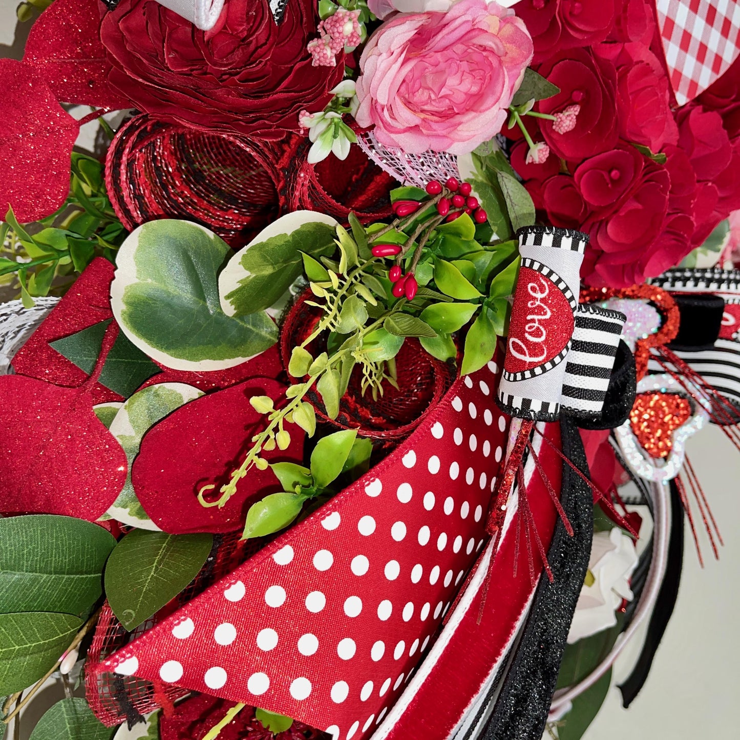 Valentine's Day Heart Swag Wreath Romantic front door decor with red hearts, glitter accents Love Themed Home Decorations Office Decor