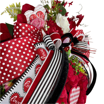 Valentine's Day Heart Swag Wreath Romantic front door decor with red hearts, glitter accents Love Themed Home Decorations Office Decor