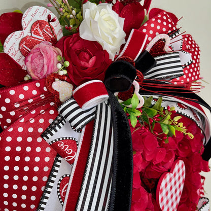 Valentine's Day Heart Swag Wreath Romantic front door decor with red hearts, glitter accents Love Themed Home Decorations Office Decor