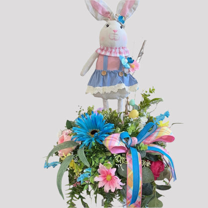 Easter Bunny Candlestick Centerpiece with Spring Flowers for mantle, entryway, or tabletops, Rustic Easter Decorations for Office Home Decor