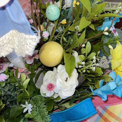 Easter Bunny Candlestick Centerpiece with Spring Flowers for mantle, entryway, or tabletops, Rustic Easter Decorations for Office Home Decor