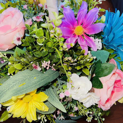 Easter Bunny Candlestick Centerpiece with Spring Flowers for mantle, entryway, or tabletops, Rustic Easter Decorations for Office Home Decor