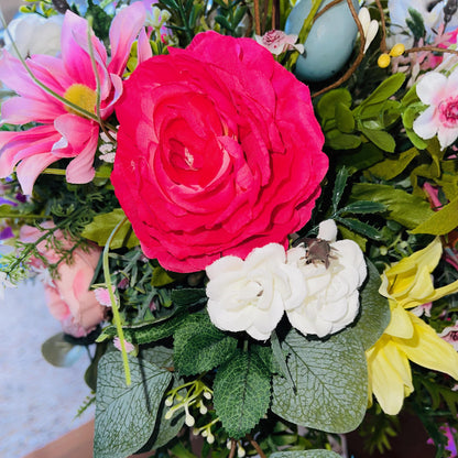 Bunny Rabbit Candlestick Centerpiece with Spring Flowers for mantle, entryway, or tabletops, Rustic Easter Decorations for Office Home Decor
