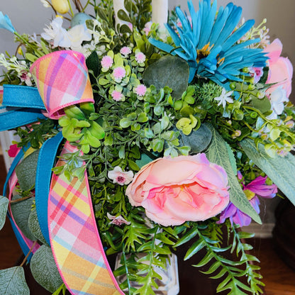 Bunny Rabbit Candlestick Centerpiece with Spring Flowers for mantle, entryway, or tabletops, Rustic Easter Decorations for Office Home Decor