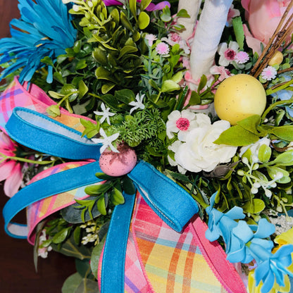 Bunny Rabbit Candlestick Centerpiece with Spring Flowers for mantle, entryway, or tabletops, Rustic Easter Decorations for Office Home Decor