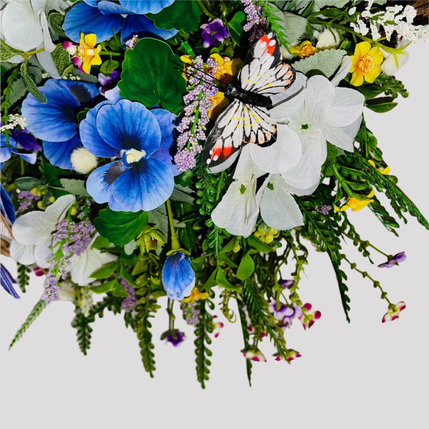 Everyday Wreath for front door with Purple Pansies White Hydrangeas Orange Butterflies. Floral Home Decor Spring Decorations Hummingbird