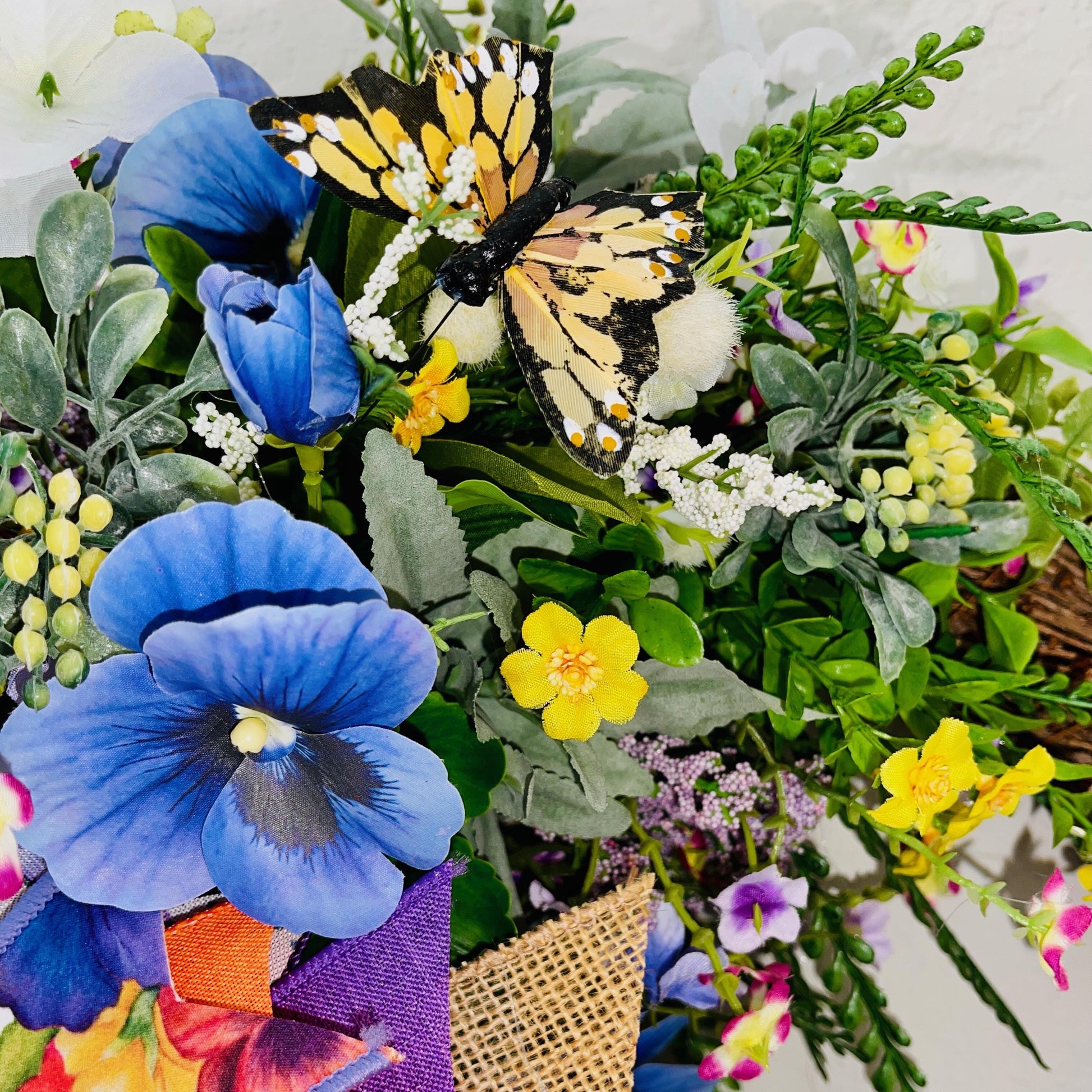 Everyday Wreath for front door with Purple Pansies White Hydrangeas Orange Butterflies. Floral Home Decor Spring Decorations Hummingbird