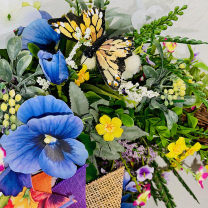 Everyday Wreath for front door with Purple Pansies White Hydrangeas Orange Butterflies. Floral Home Decor Spring Decorations Hummingbird
