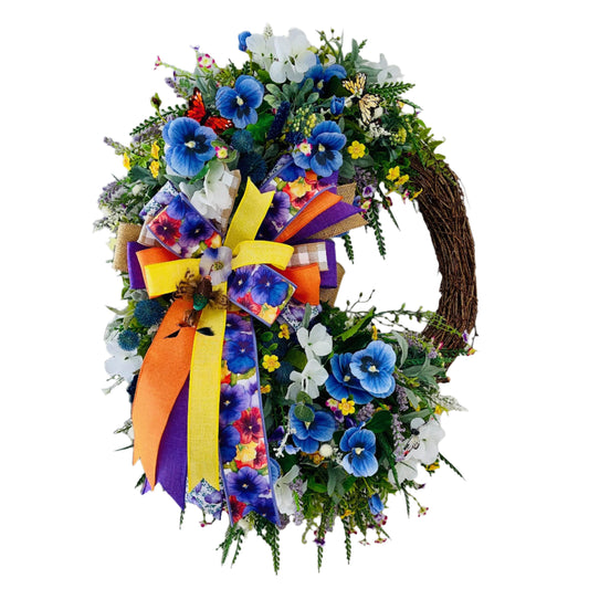 Everyday Wreath for front door with Purple Pansies White Hydrangeas Orange Butterflies. Floral Home Decor Spring Decorations Hummingbird