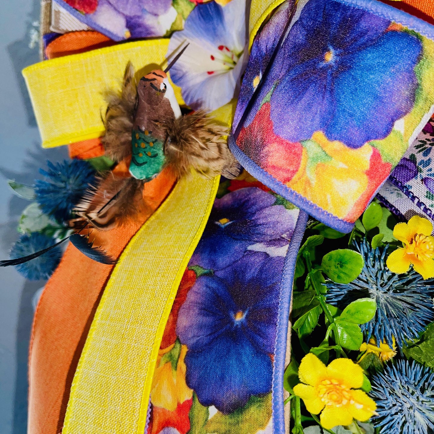 Everyday Wreath for front door with Purple Pansies White Hydrangeas Orange Butterflies. Floral Home Decor Spring Decorations Hummingbird