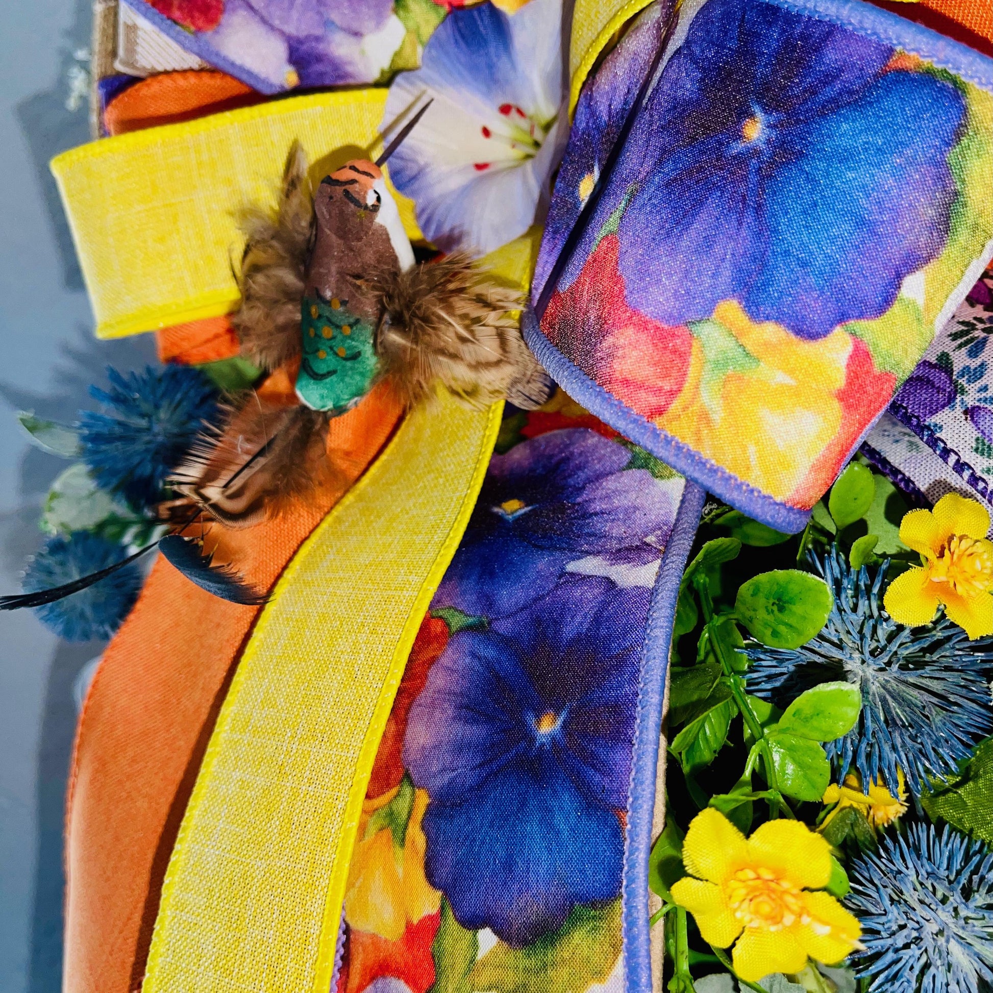 Everyday Wreath for front door with Purple Pansies White Hydrangeas Orange Butterflies. Floral Home Decor Spring Decorations Hummingbird