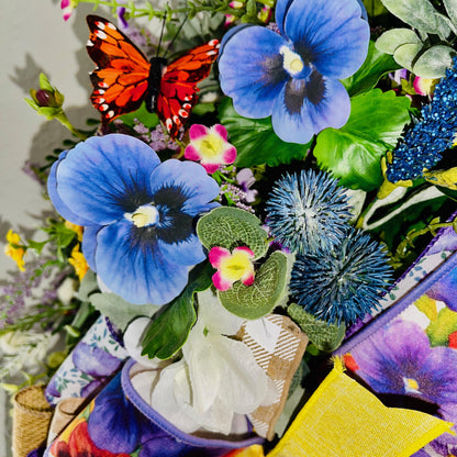 Everyday Wreath for front door with Purple Pansies White Hydrangeas Orange Butterflies. Floral Home Decor Spring Decorations Hummingbird