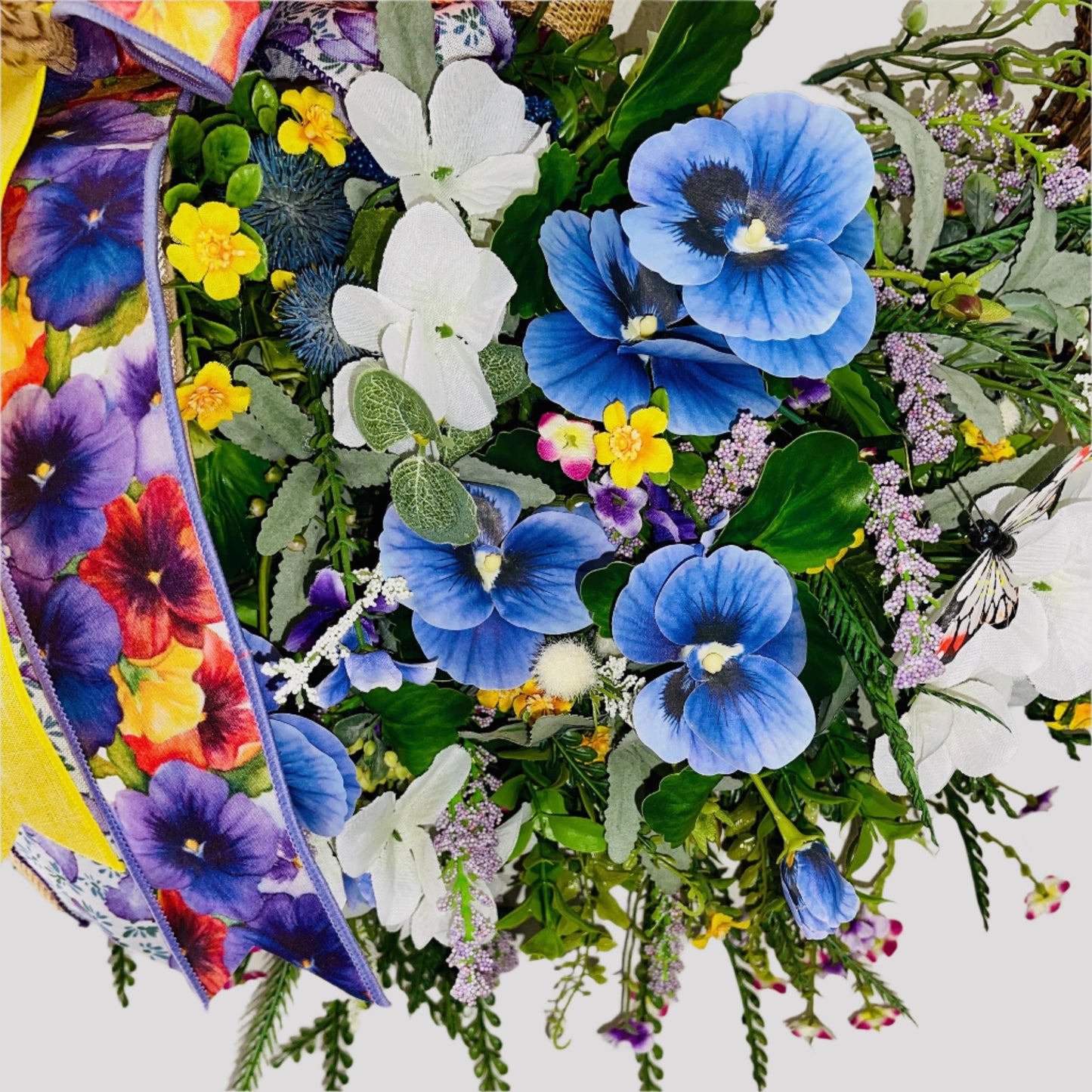 Everyday Wreath for front door with Purple Pansies White Hydrangeas Orange Butterflies. Floral Home Decor Spring Decorations Hummingbird