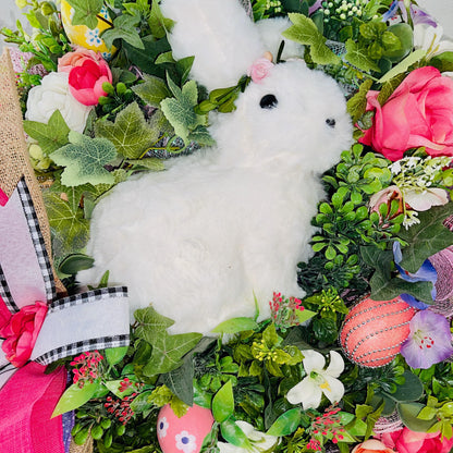 Easter Wreath for front door White Bunny Rabbit Decorations Gift Home Office Decor Handmade Indoor Outdoor Door Hanger