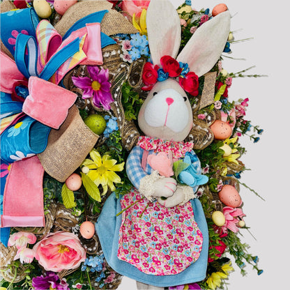 Easter Bunny Wreath with Spring Florals Seasonal Home Décor for Entryway Indoor Office Decorations for Front Door Bunny Rabbit Decorations