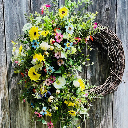 Farmhouse Wildflower Floral Wreath for Front Door, Rustic Floral Porch Decorations. Office Decor or Mother's Day Gift, Indoor Summer Decor