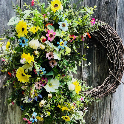 Farmhouse Wildflower Floral Wreath for Front Door, Rustic Floral Porch Decorations. Office Decor or Mother's Day Gift, Indoor Summer Decor