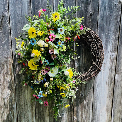 Farmhouse Wildflower Floral Wreath for Front Door, Rustic Floral Porch Decorations. Office Decor or Mother's Day Gift, Indoor Summer Decor