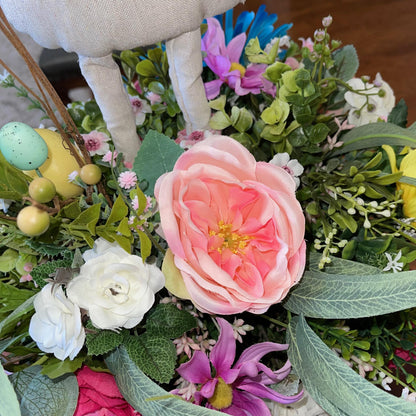 Easter Bunny Candlestick Centerpiece with Spring Flowers for mantle, entryway, or tabletops, Rustic Easter Decorations for Office Home Decor