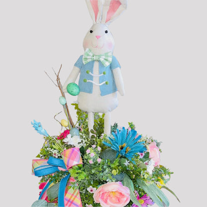 Bunny Rabbit Candlestick Centerpiece with Spring Flowers for mantle, entryway, or tabletops, Rustic Easter Decorations for Office Home Decor