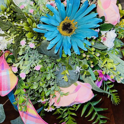 Bunny Rabbit Candlestick Centerpiece with Spring Flowers for mantle, entryway, or tabletops, Rustic Easter Decorations for Office Home Decor