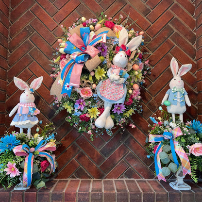 Bunny Rabbit Candlestick Centerpiece with Spring Flowers for mantle, entryway, or tabletops, Rustic Easter Decorations for Office Home Decor