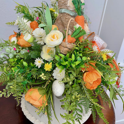 Easter Table Decor, floral centerpiece with Easter bunny, Farmhouse-style Easter table decorations, Rustic Easter bunny decor ideas